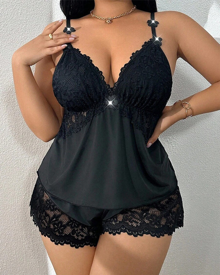 Plus Size Lace Satin Cami Pajama Set â€?Sexy Two-Piece Sleepwear for Women