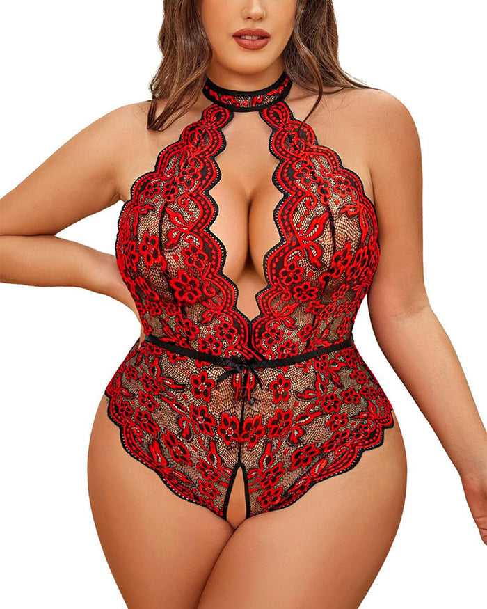 Plus Size Lace Teddy â€?Halter Crotchless Bodysuit for Curves