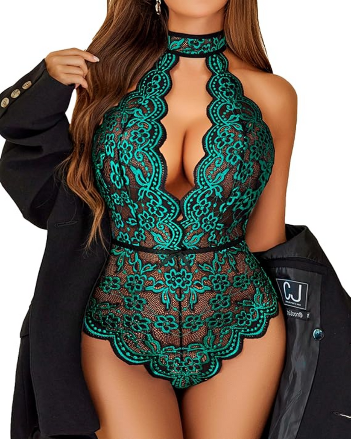 Plus Size Lace Teddy â€?Halter Crotchless Bodysuit for Curves