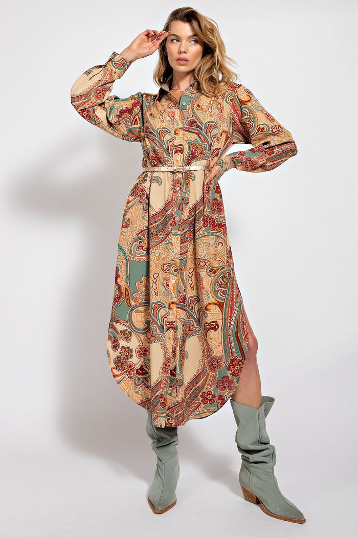 PLUS SIZE-PAISLEY PRINTED DULL SATIN SHIRT DRESS
