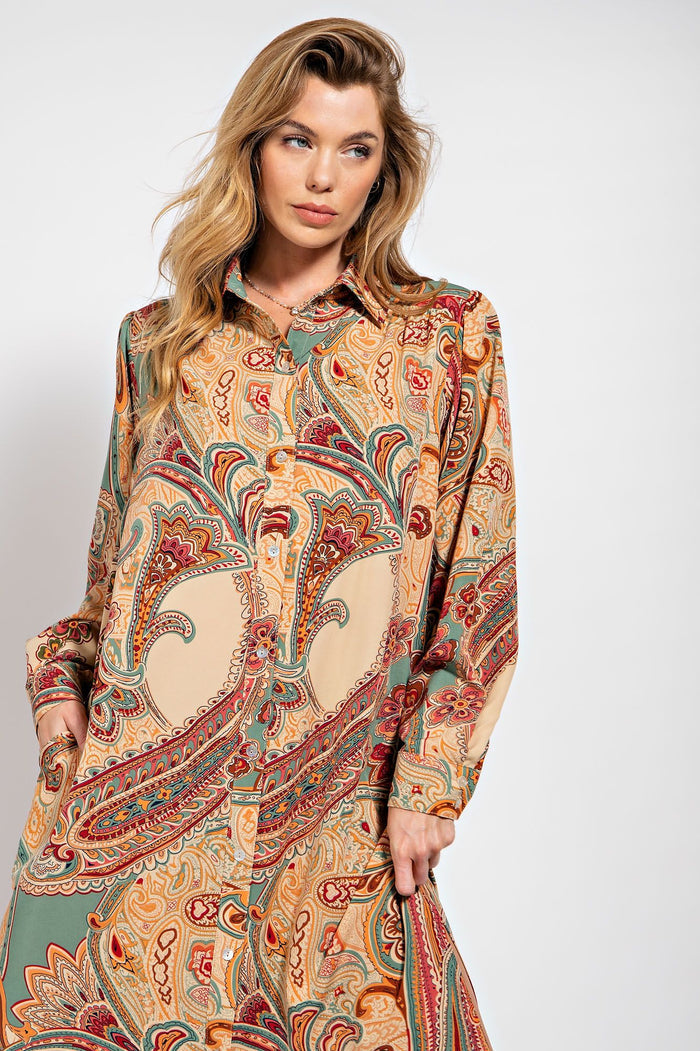 PLUS SIZE-PAISLEY PRINTED DULL SATIN SHIRT DRESS