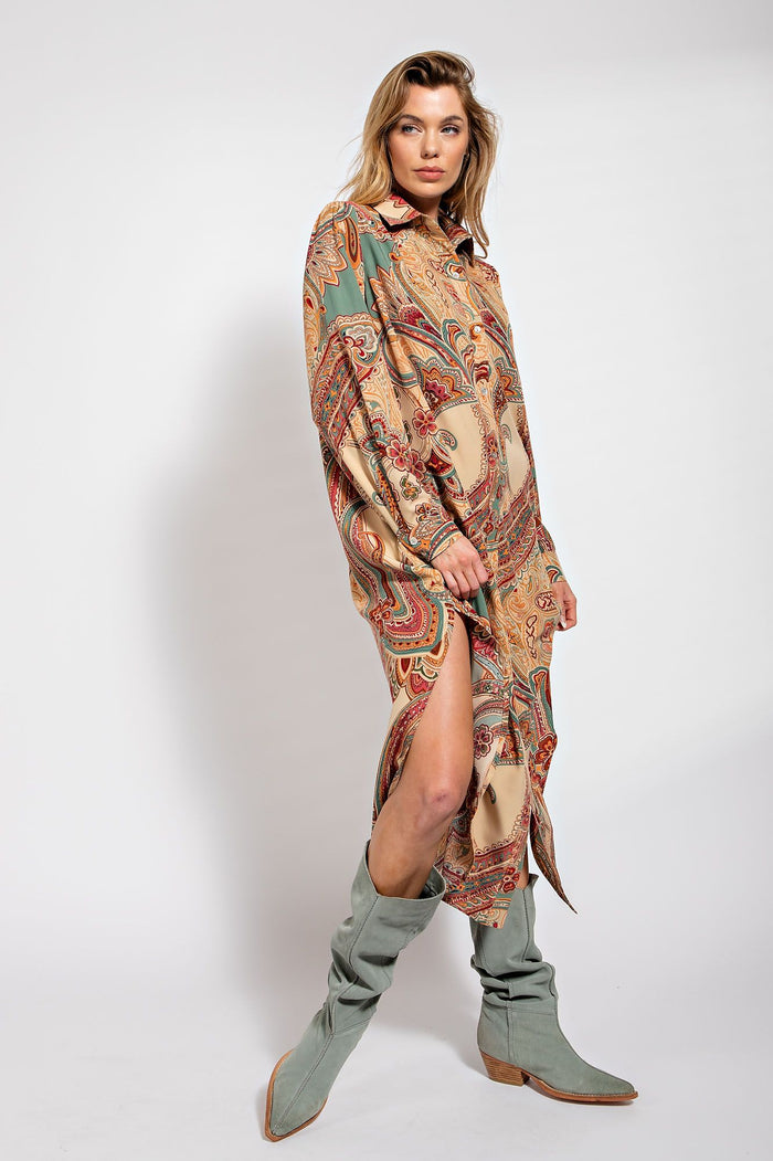 PLUS SIZE-PAISLEY PRINTED DULL SATIN SHIRT DRESS