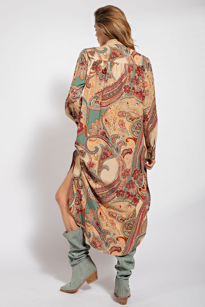 PLUS SIZE-PAISLEY PRINTED DULL SATIN SHIRT DRESS
