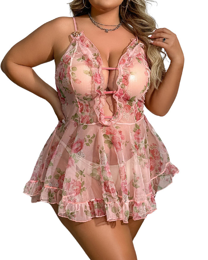 Plus Size Printed See-Through Camisole â€?Sexy Mesh Nightwear