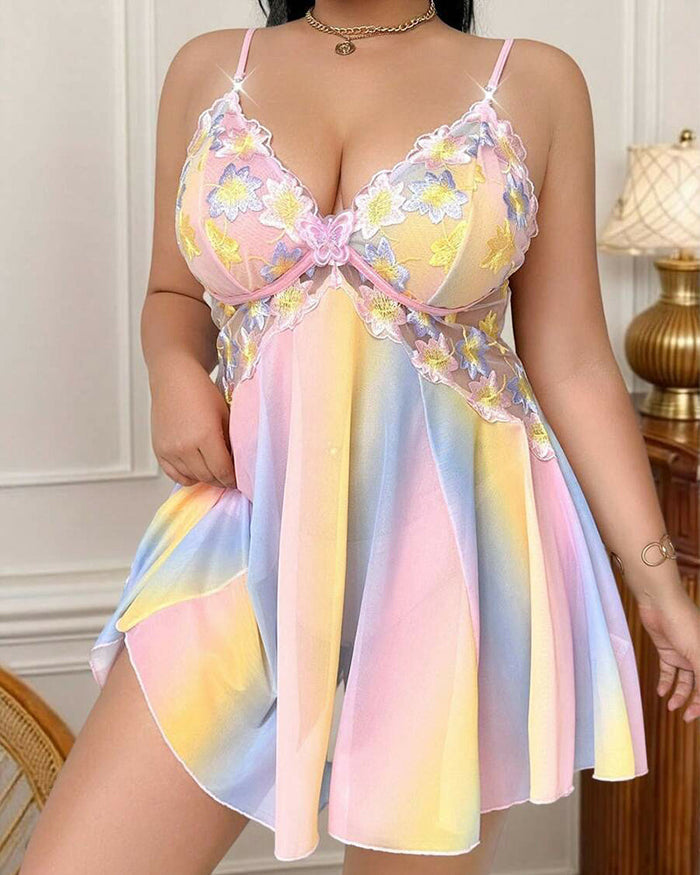 Plus Size Rainbow Ombre Camisole Nightgown â€?Backless & Floral Mesh Design