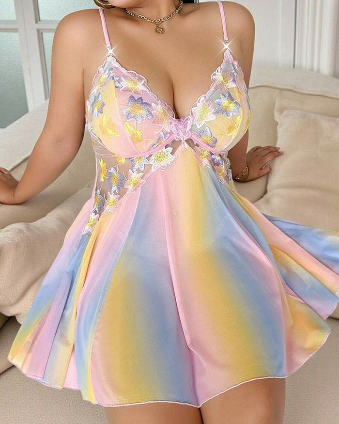 Plus Size Rainbow Ombre Camisole Nightgown â€?Backless & Floral Mesh Design