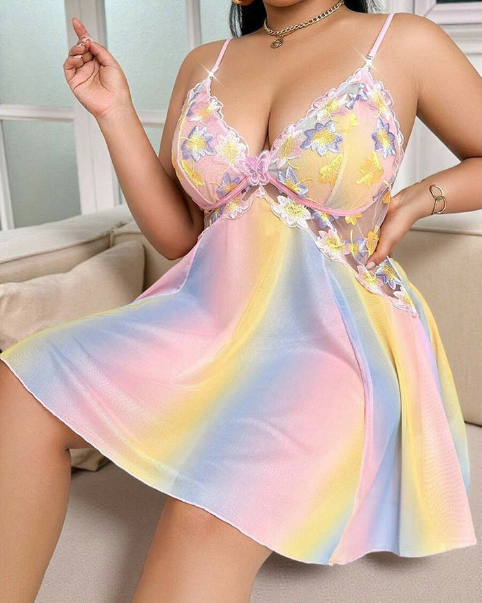 Plus Size Rainbow Ombre Camisole Nightgown â€?Backless & Floral Mesh Design