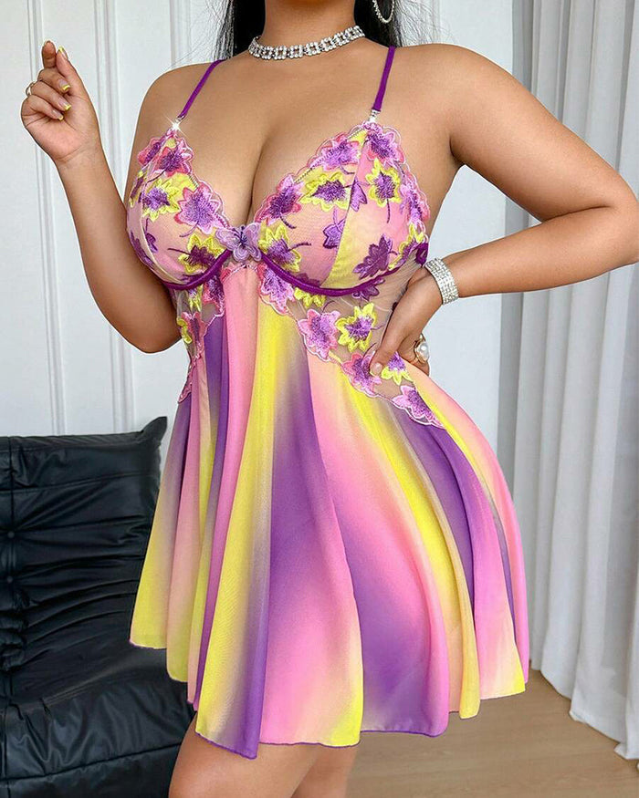 Plus Size Rainbow Ombre Camisole Nightgown â€?Backless & Floral Mesh Design