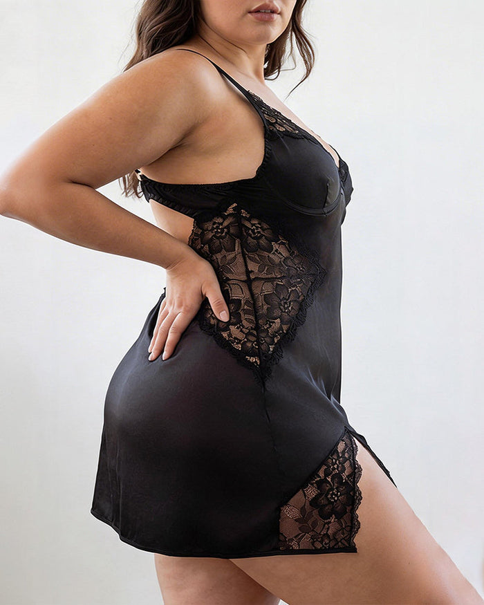 Plus Size Satin Lace Chemise Deep V-Neck Slip Dress
