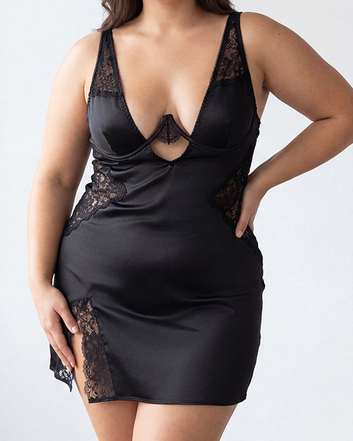 Plus Size Satin Lace Chemise Deep V-Neck Slip Dress