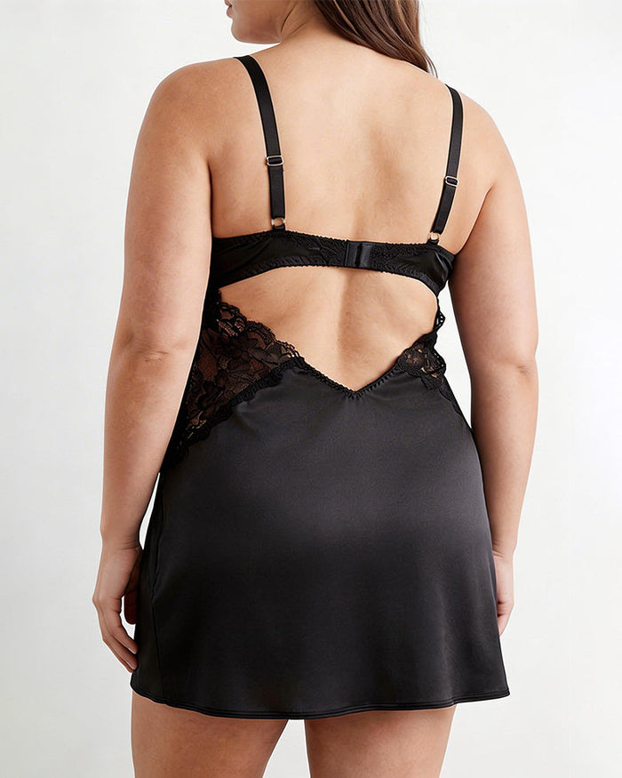 Plus Size Satin Lace Chemise Deep V-Neck Slip Dress