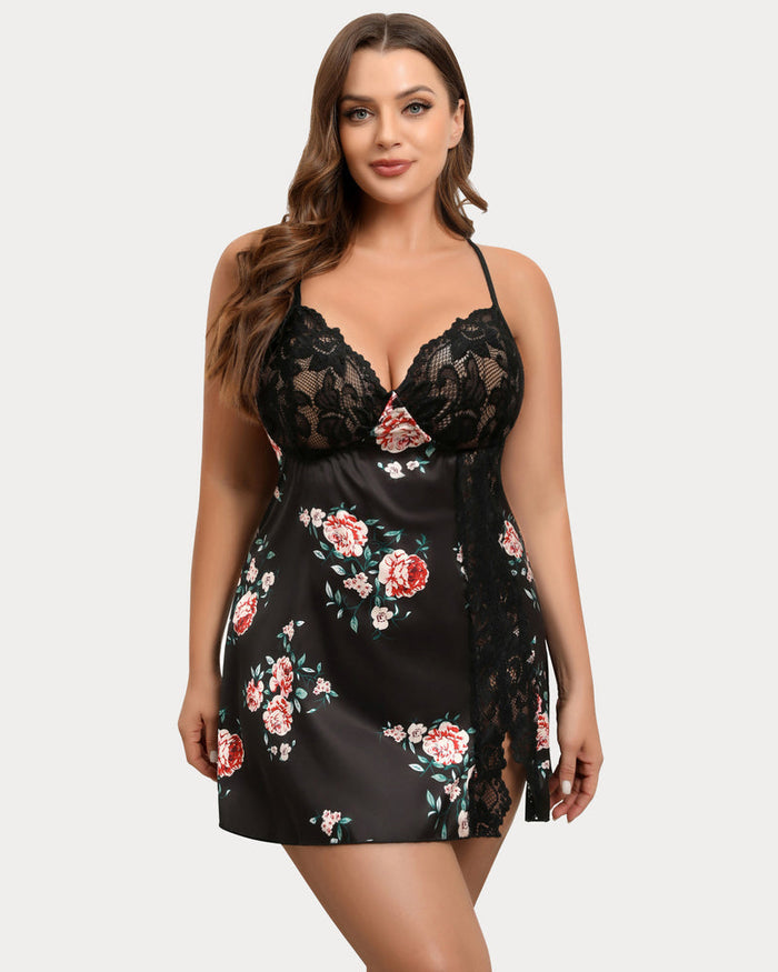 Plus Size Satin Lace Side Slit Chemise