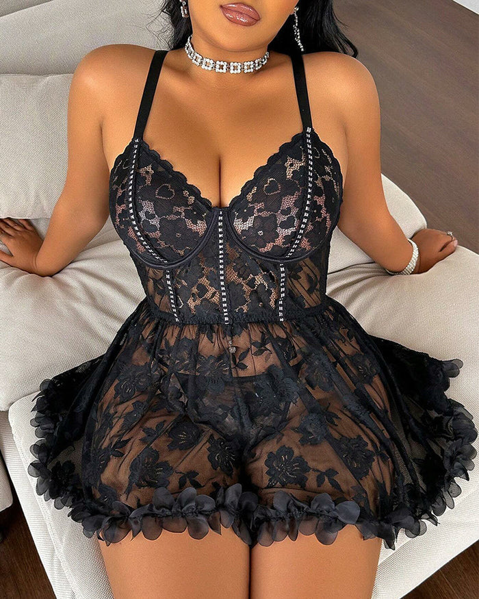 Plus Size Sexy Lace Backless Cami Dress with G-String Panty Set