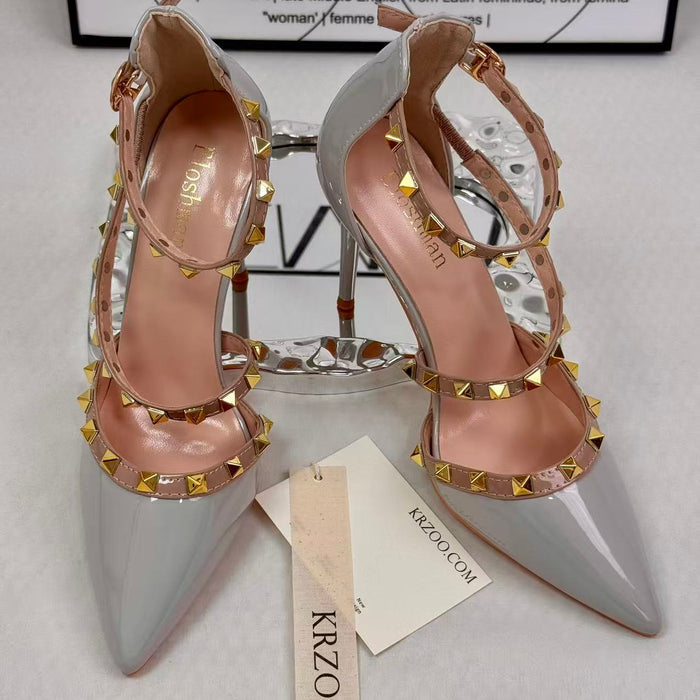Pointed-nose rivet hollow-heeled shoes