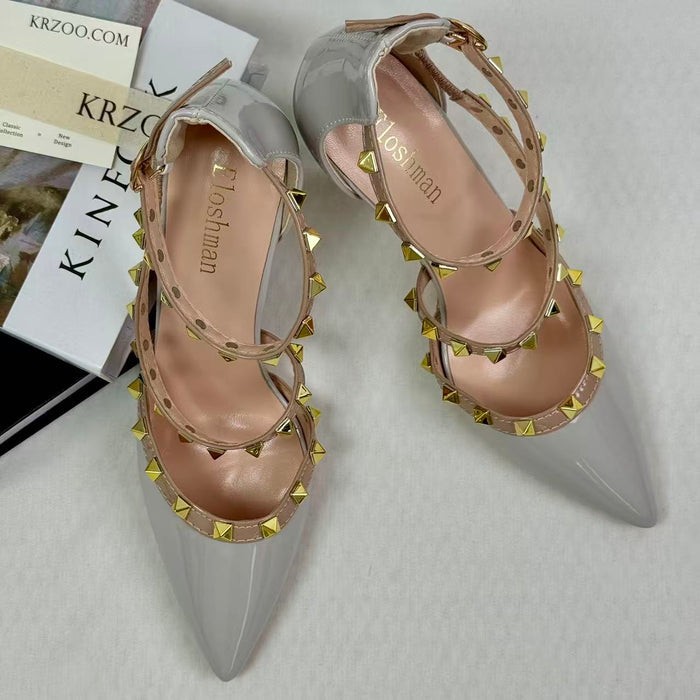 Pointed-nose rivet hollow-heeled shoes