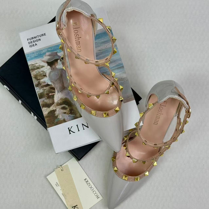 Pointed-nose rivet hollow-heeled shoes
