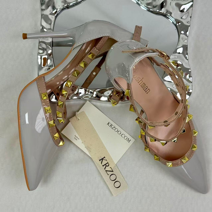 Pointed-nose rivet hollow-heeled shoes