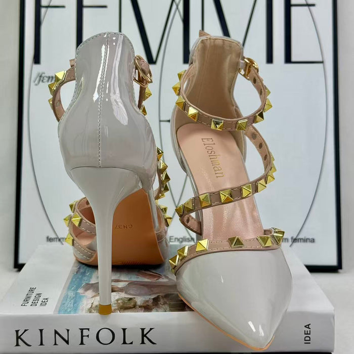 Pointed-nose rivet hollow-heeled shoes