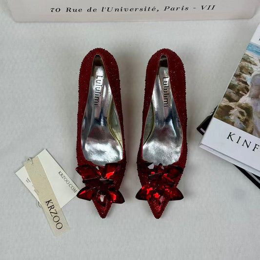 Pointed-toe rhinestone high heels
