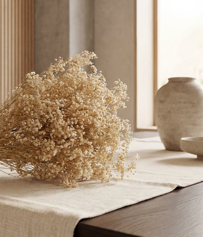 Preserved Blonde Mini Gyp Baby’s Breath Bunch — in a styled setting
