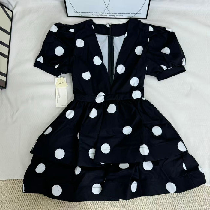 Printed Deep-V Polka-Dot A-Line Dress