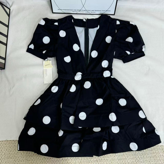 Printed Deep-V Polka-Dot A-Line Dress