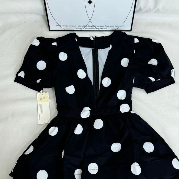 Printed Deep-V Polka-Dot A-Line Dress
