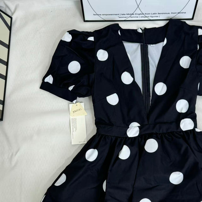 Printed Deep-V Polka-Dot A-Line Dress