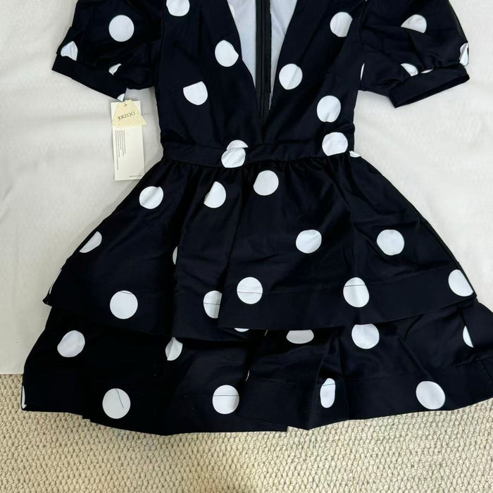 Printed Deep-V Polka-Dot A-Line Dress