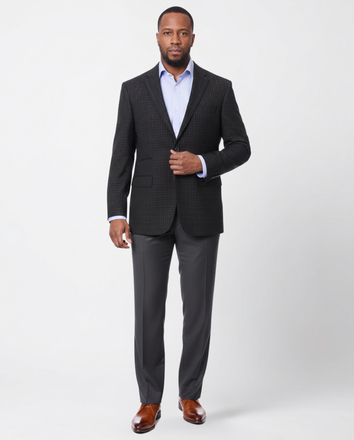 Prontomoda Mens Black& Blue Plaid 100% Wool Regular Fit Blazer Sport Coat - The Suit Depot