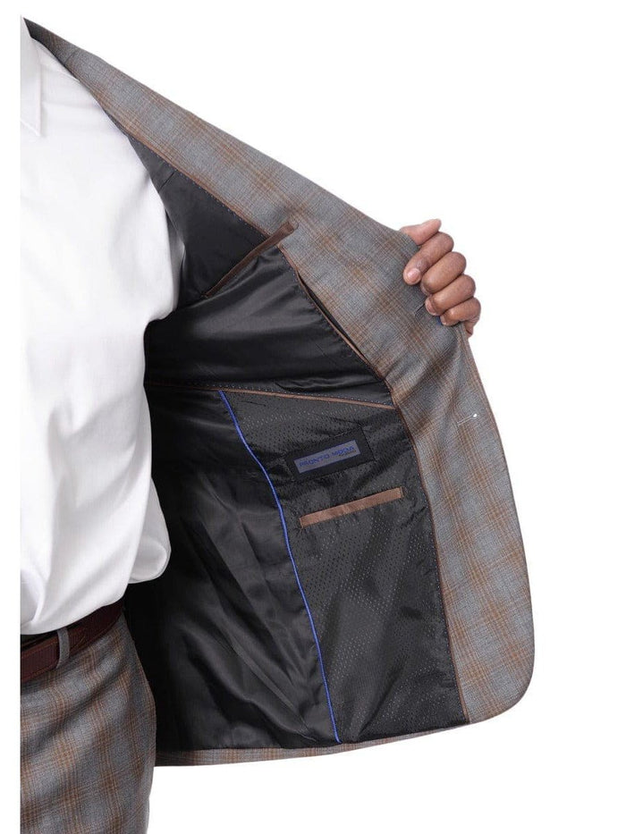 Prontomoda TWO PIECE SUITS Prontomoda Mens Gray & Blue Plaid 100% Wool Slim Fit Suit