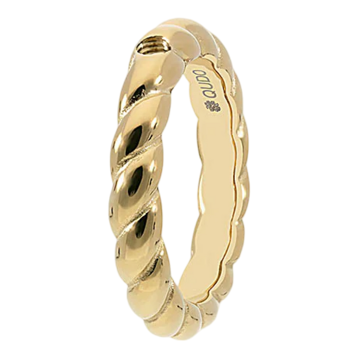 Gold ring with a textured design on a white background