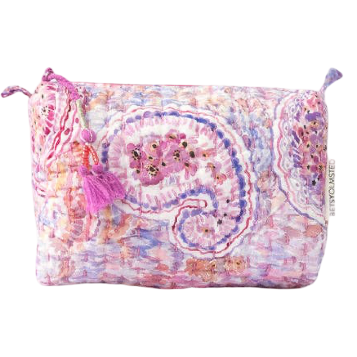 Pink and purple patterned pouch with tassels on a white background