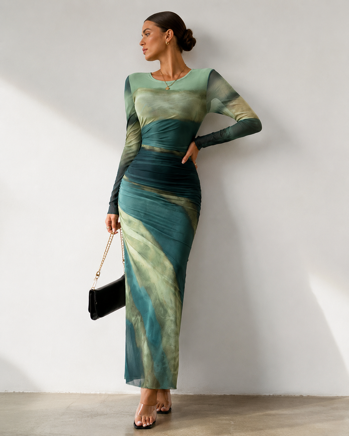 Rafferriza Petite Green Printed Mesh Bodycon Maxi Dress