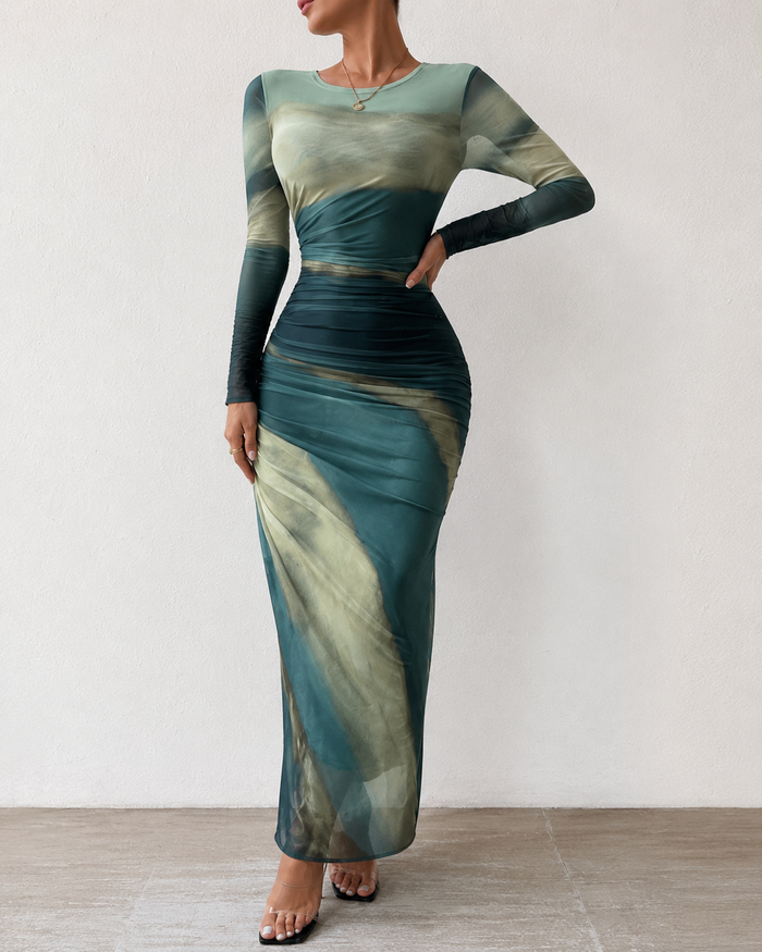 Rafferriza Petite Green Printed Mesh Bodycon Maxi Dress