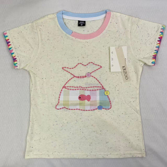 Rainbow Button Embroidery Short Sleeve Shirt