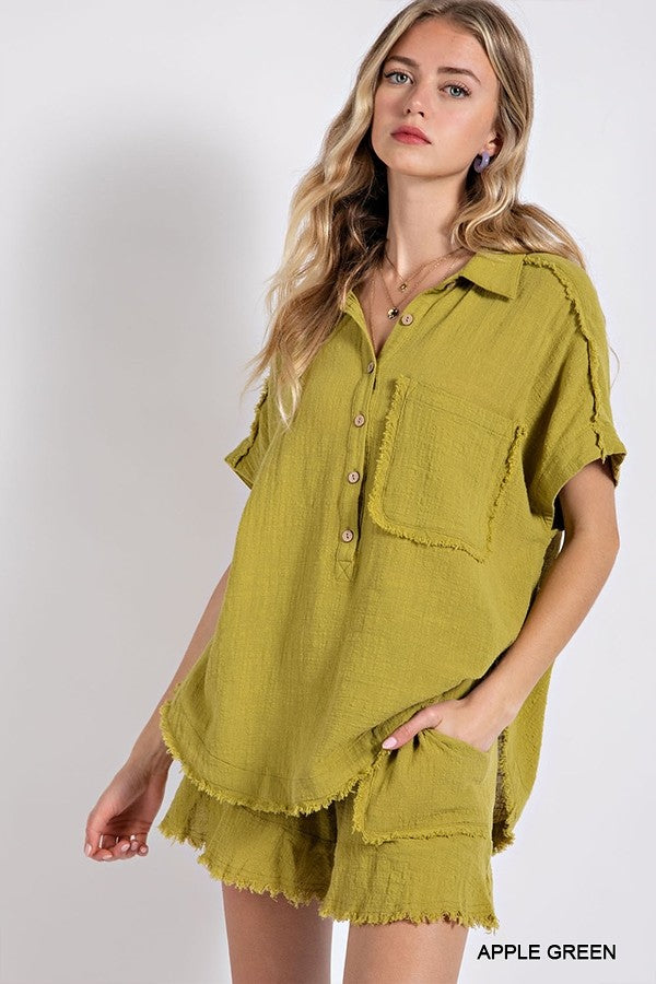 Raw Edge and Dolman Sleeve Popover Top (2 colors/Plus/Reg)