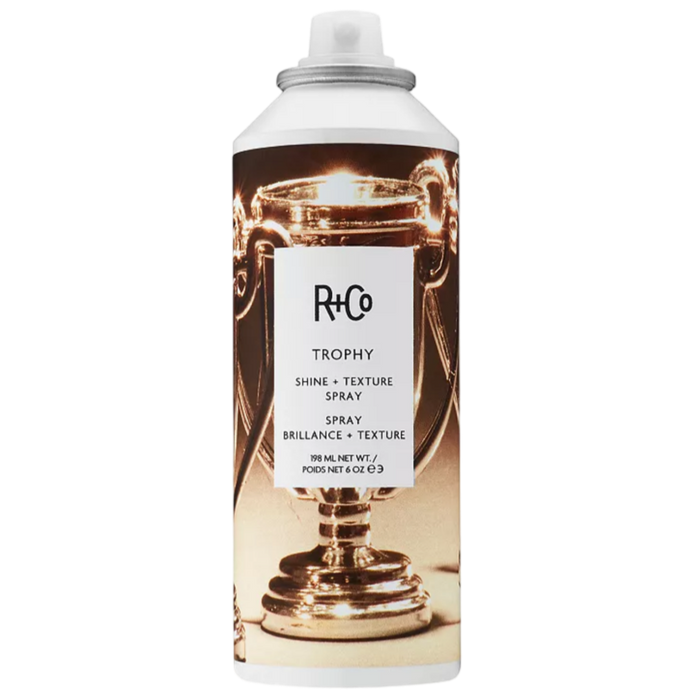 R+Co TROPHY spray, shine and texture hair spray, dry shine styling spray, flexible hold volume spray, selfie-ready hair product, styling spray with grit and gloss, volumizing shine mist, touchable texture spray, trophy hair spray R+Co, radiant hair finishing spray