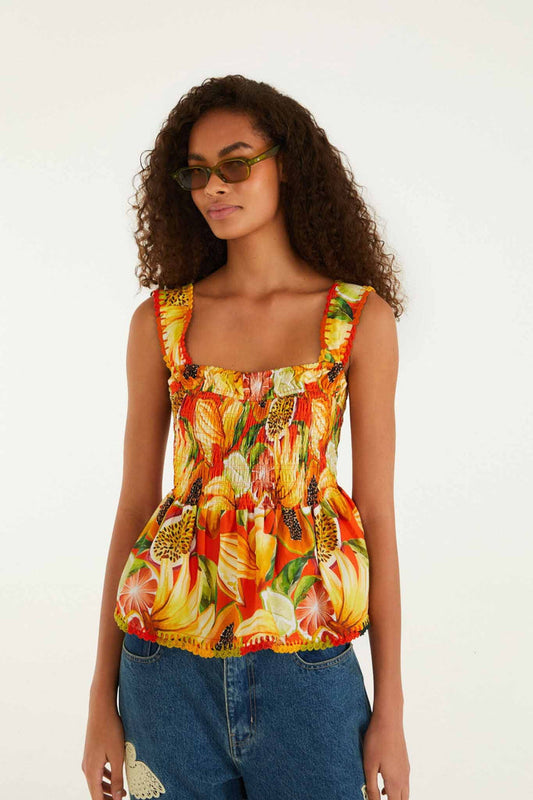 FARM Rio model wearing the Fruit Garden Red Blouse Sleeveless