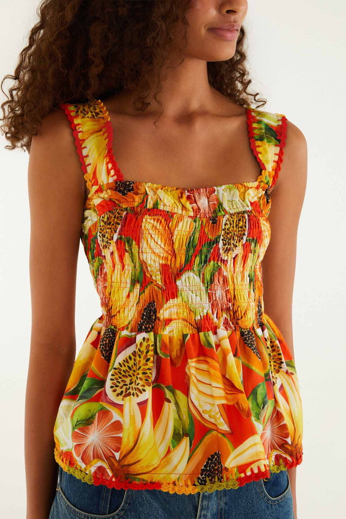 FARM Rio model wearing the Fruit Garden Red Blouse Sleeveless