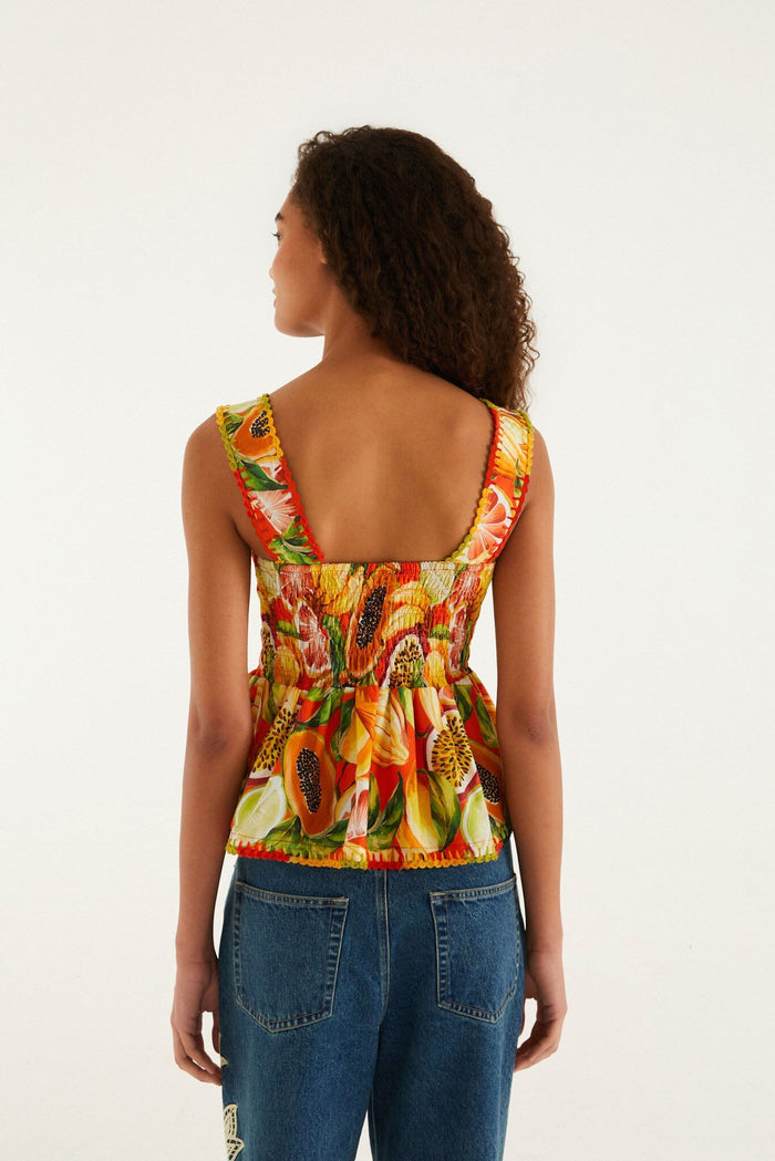 FARM Rio model wearing the Fruit Garden Red Blouse Sleeveless