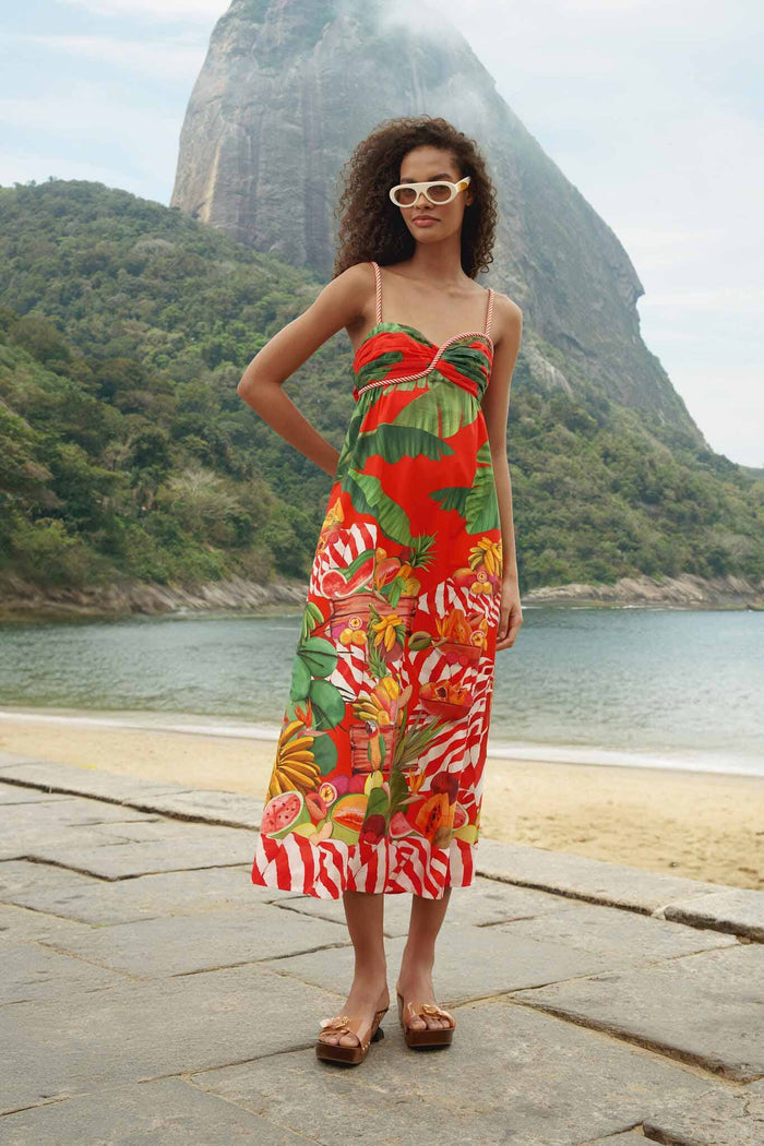 FARM Rio model wearing the Fruit Trolley Red Sleveless Maxi Dress