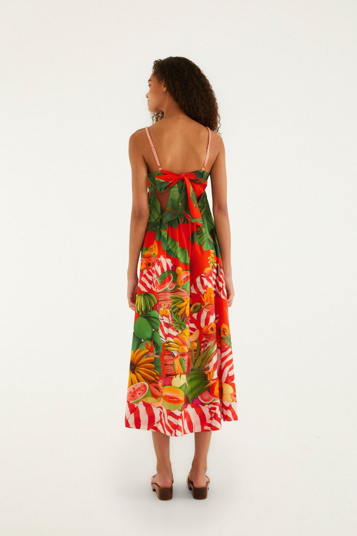 FARM Rio model wearing the Fruit Trolley Red Sleveless Maxi Dress