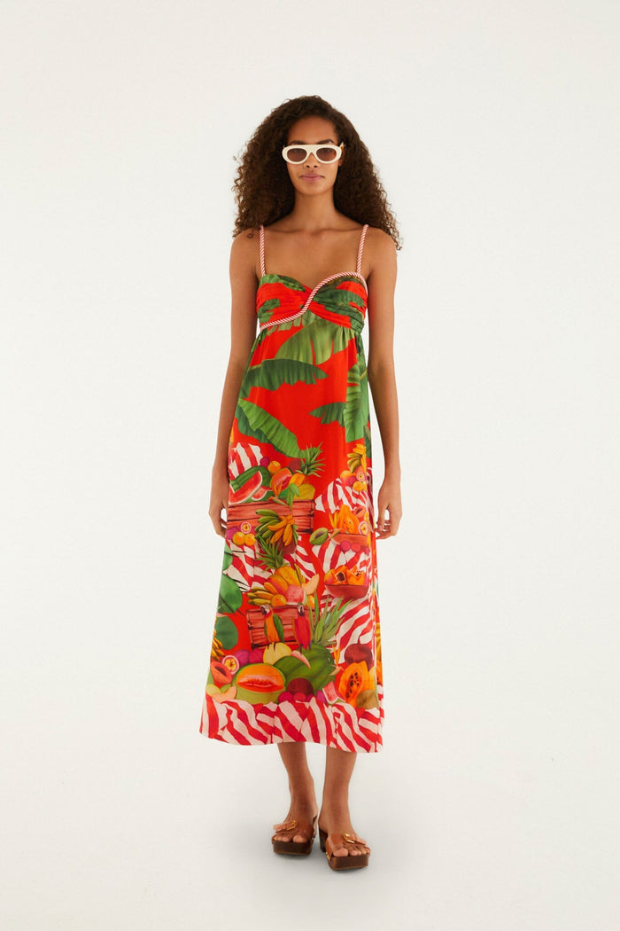 FARM Rio model wearing the Fruit Trolley Red Sleveless Maxi Dress