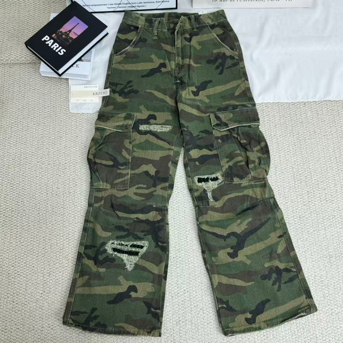 Retro High Street Ripped Camouflage Pants