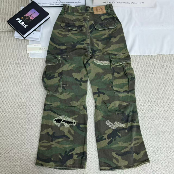 Retro High Street Ripped Camouflage Pants