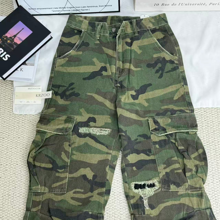 Retro High Street Ripped Camouflage Pants