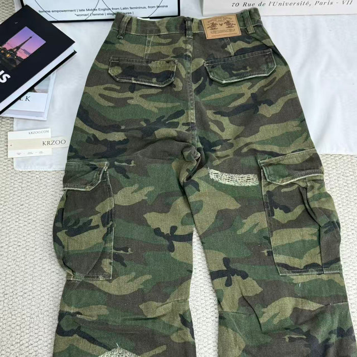 Retro High Street Ripped Camouflage Pants