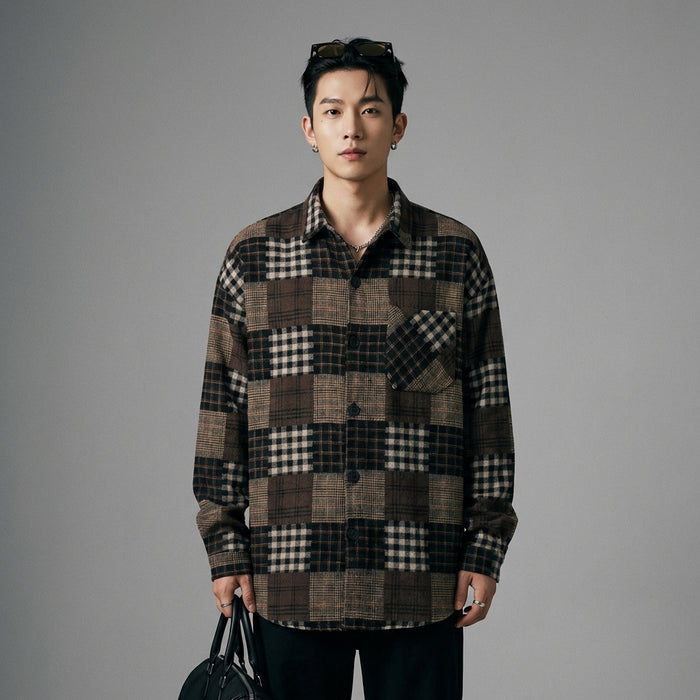 Chemise à carreaux marron rétro pour homme - Koreanxwear - Taille M