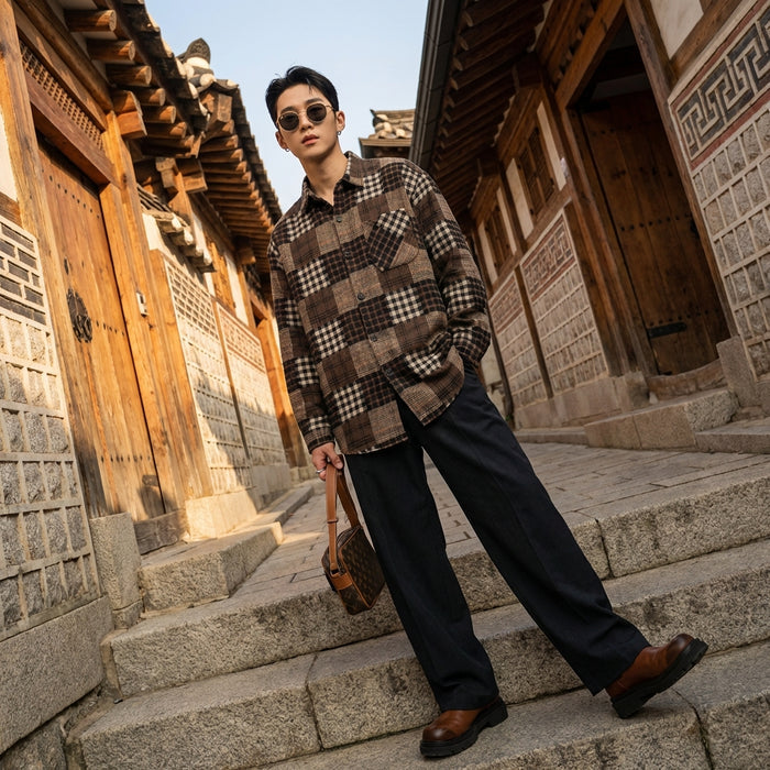 Chemise à carreaux marron rétro pour homme - Koreanxwear